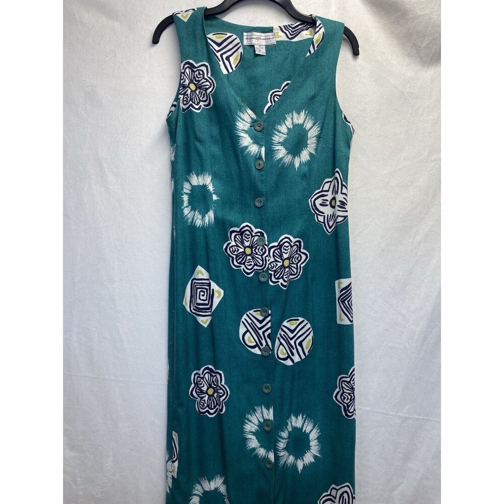 Maggie Lawrence V-Neck Button Front Sleeveless Maxi Dress Women 12 Green Floral